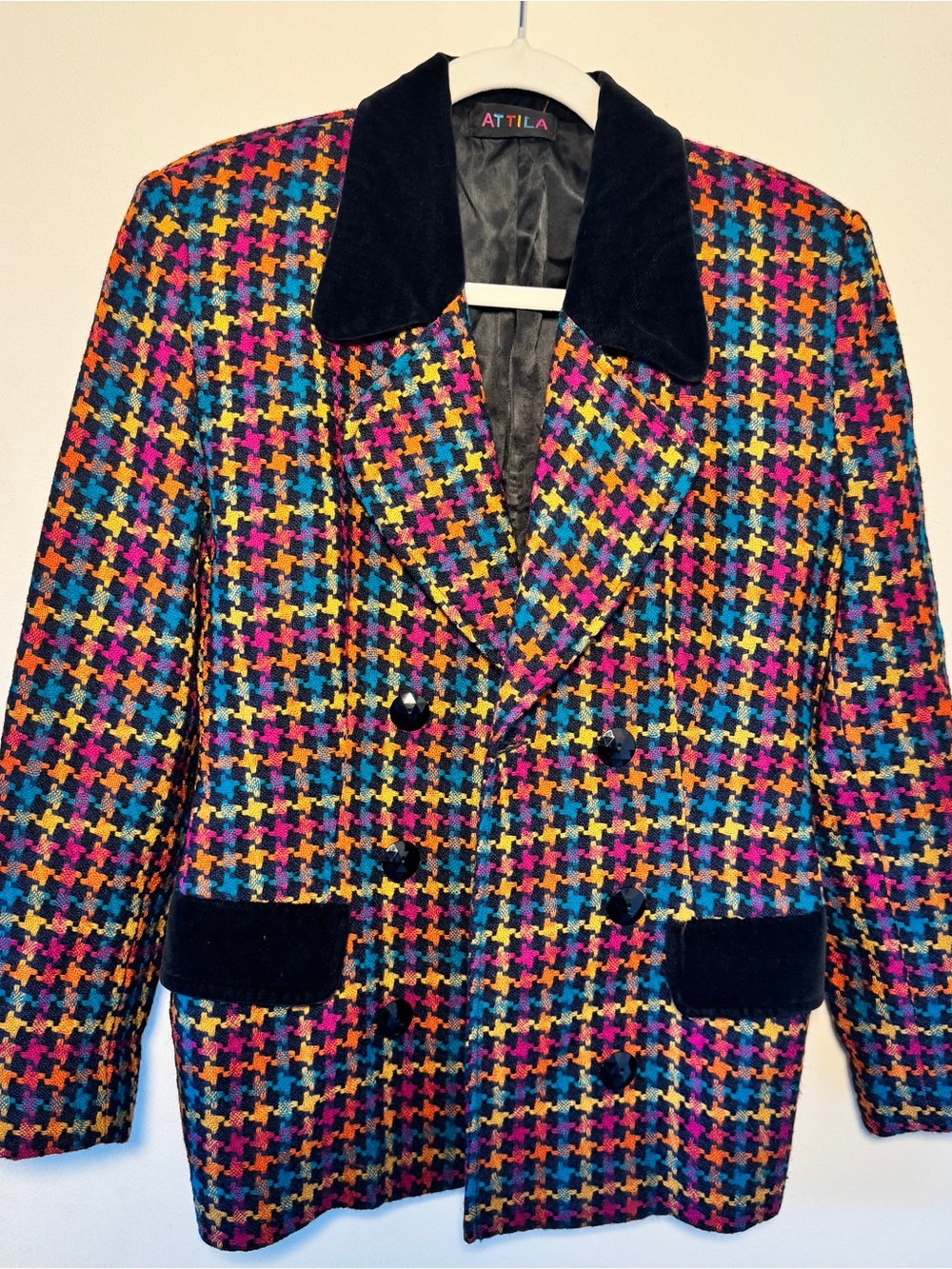 1980’s Vintage ATTILA Multi Color Houndstooth Wool Blend Blazer - Lana Wool